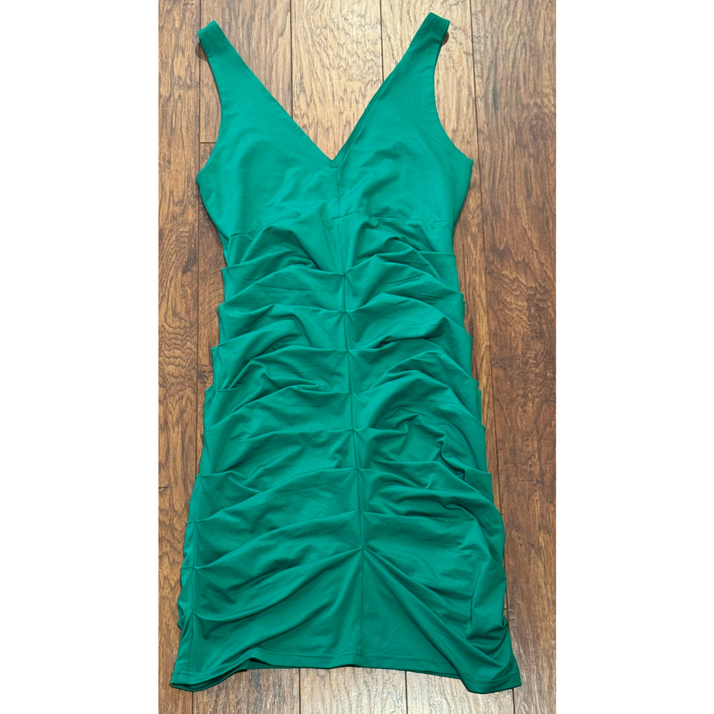 Hot Delicious Green Ruched Cocktail Dress V-Neck Bodycon - Women's Size Large